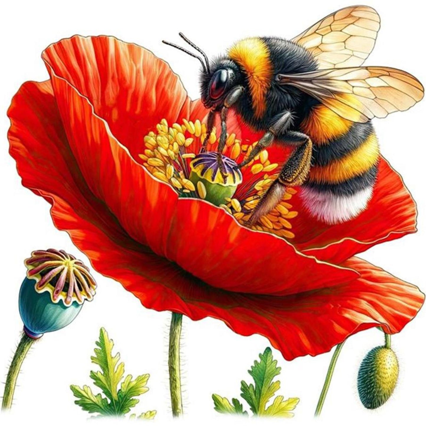 Bees And Poppies - Full 18CT Stamped Cross Stitch 25x25CM - Huacan