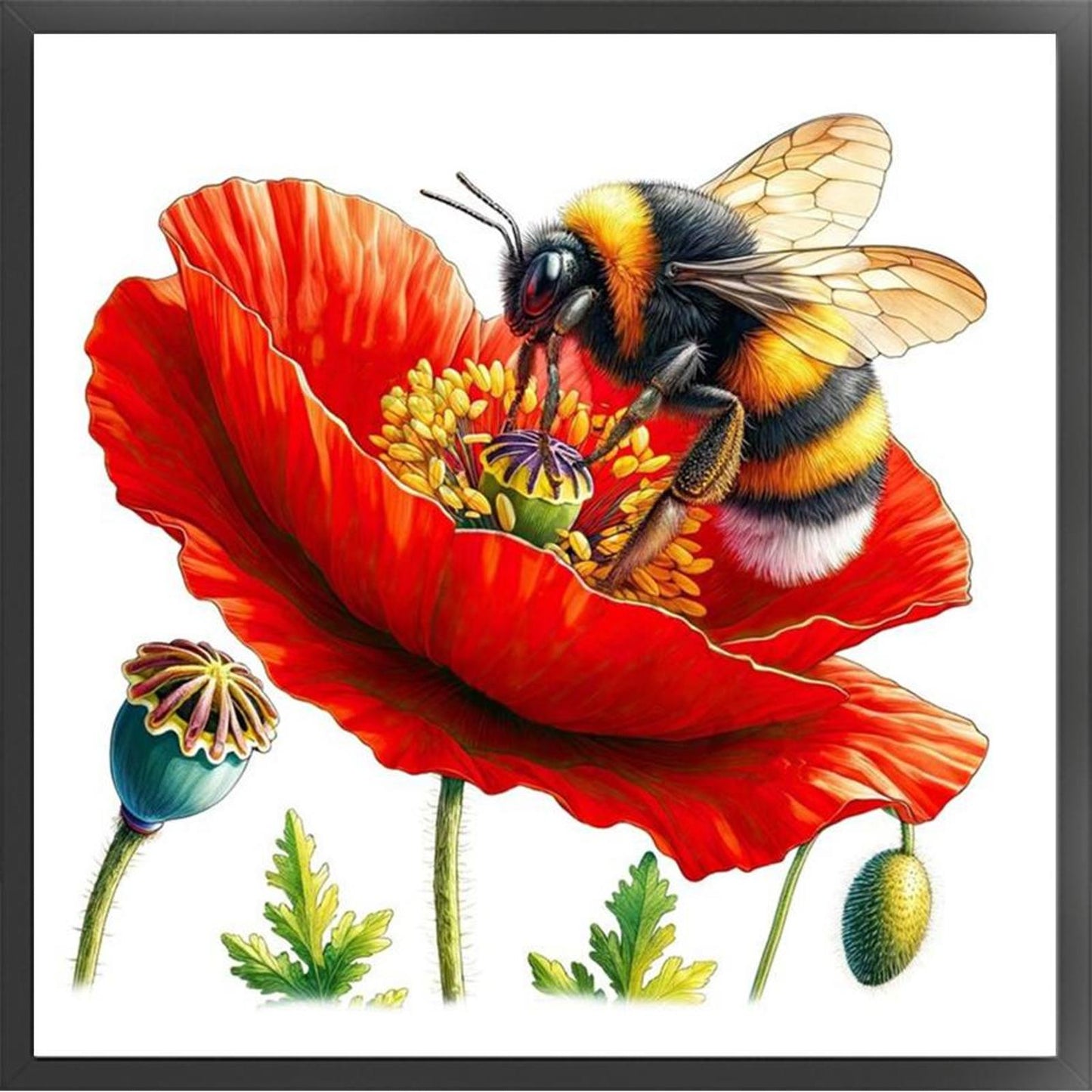 Bees And Poppies - Full 18CT Stamped Cross Stitch 25x25CM - Huacan