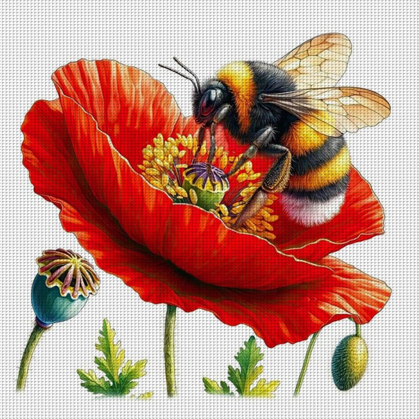 Bees And Poppies - Full 18CT Stamped Cross Stitch 25x25CM - Huacan