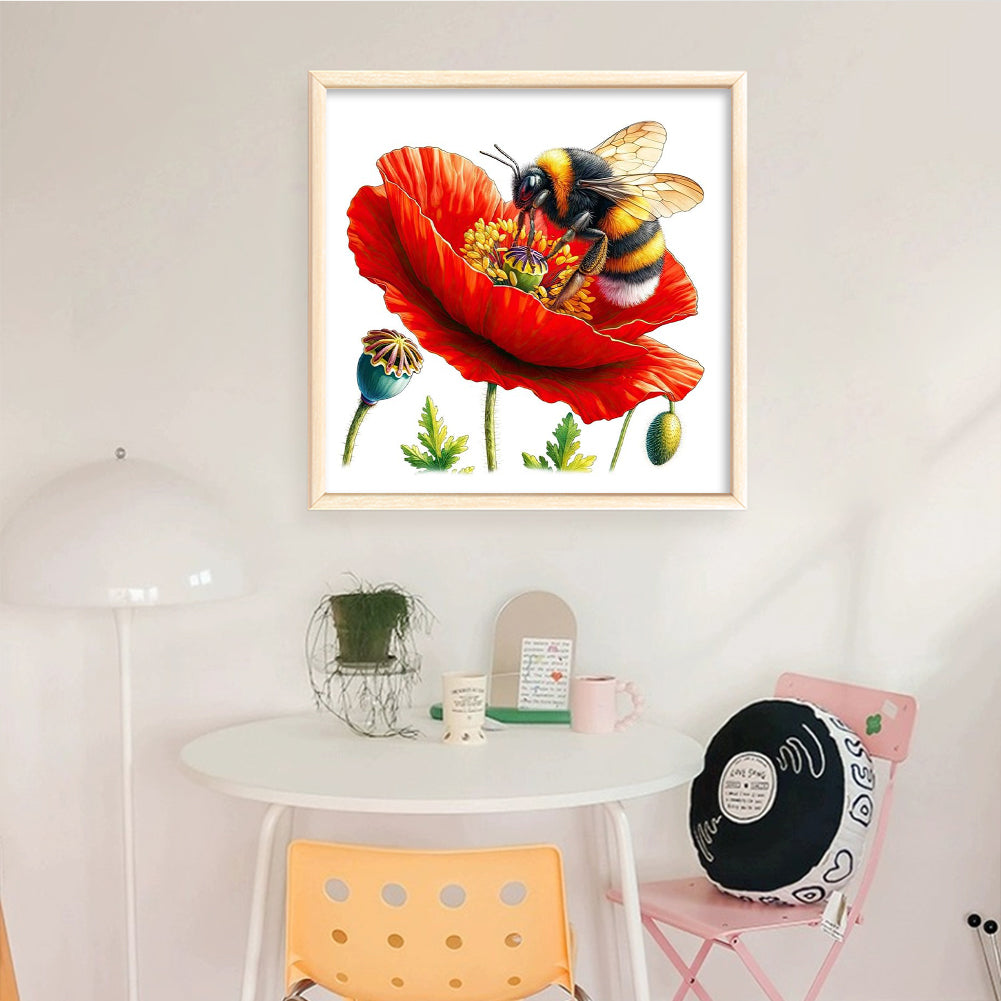Bees And Poppies - Full 18CT Stamped Cross Stitch 25x25CM - Huacan