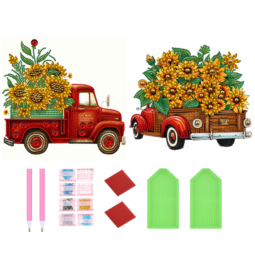 2PCS Summer Sunflower Classic Car 30*30CM(Canvas) Partial Special Shaped Drill Diamond Painting