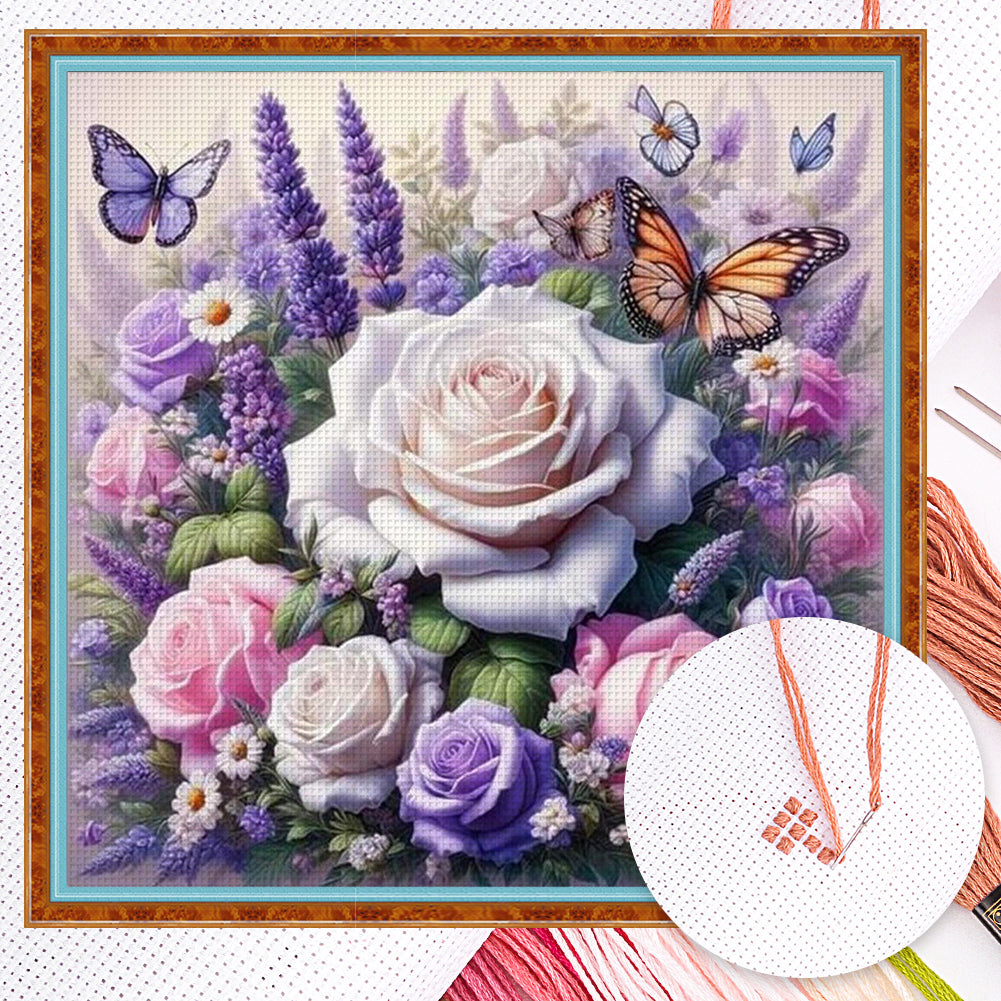 Butterfly And Rose - Full 11CT Counted Cross Stitch 45x45CM - Yishu