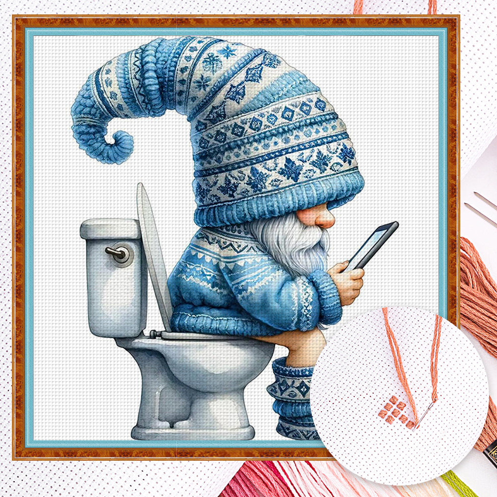 Gnome Using Restroom - Full 18CT Counted Cross Stitch 25x25CM - Huacan