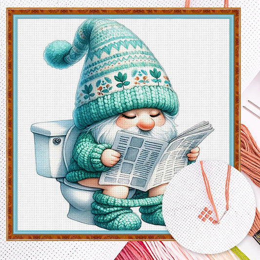 Gnome Using Restroom - Full 18CT Counted Cross Stitch 25x25CM - Huacan