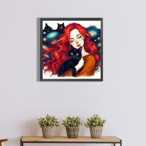 Black Cat And Girl 40*40CM(Canvas) Full Round Drill Diamond Painting