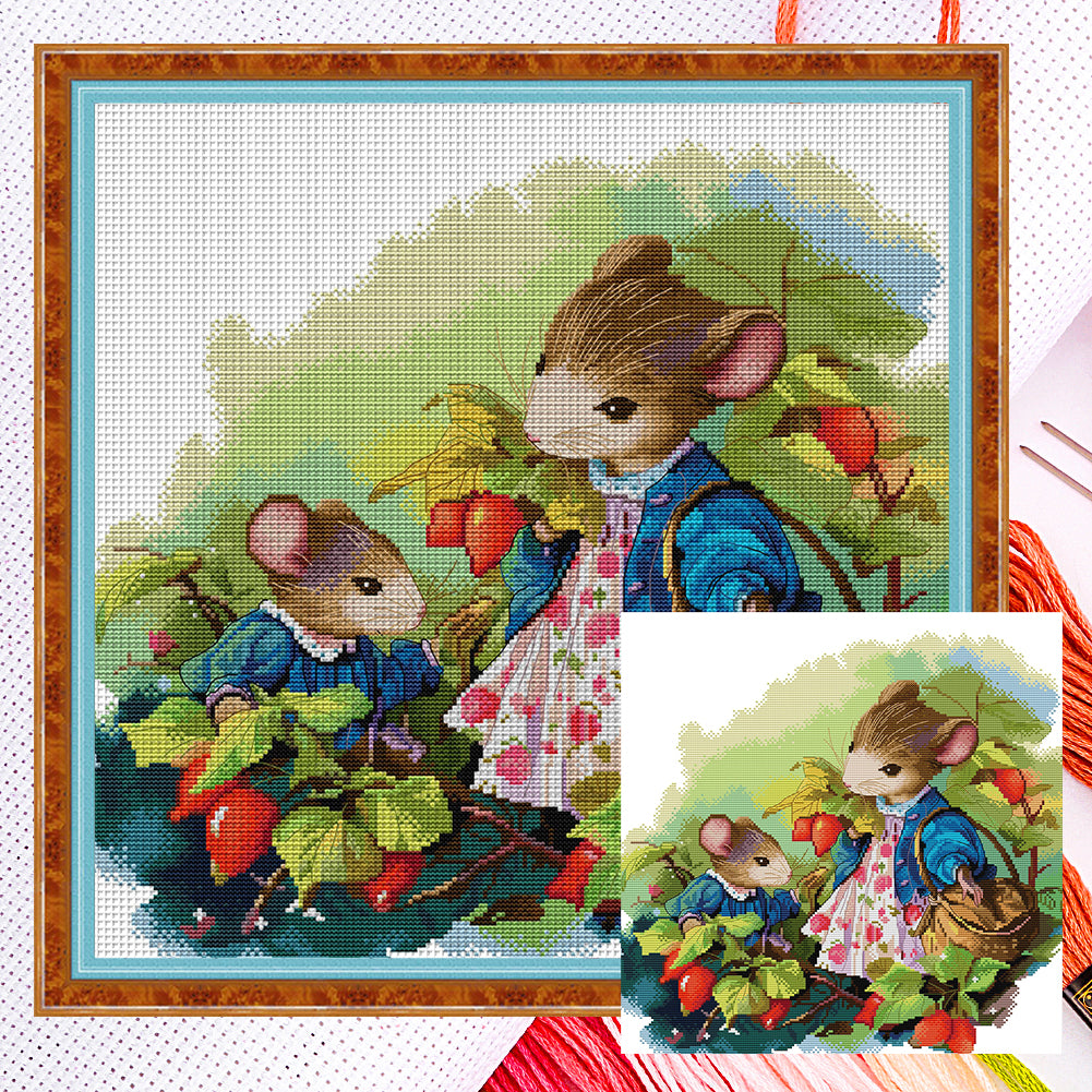 Joy Sunday - Mrs. Mouse And Daughters Picking Fruit - 43*43CM 14CT 2 Counted Cross Stitch
