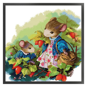 Joy Sunday - Mrs. Mouse And Daughters Picking Fruit - 43*43CM 14CT 2 Counted Cross Stitch
