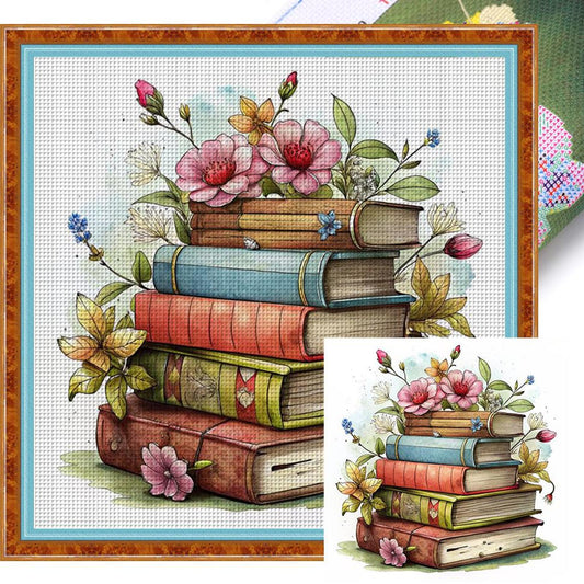 Stack Of Flower Books - Full 11CT Stamped Cross Stitch 40x40CM - Huacan