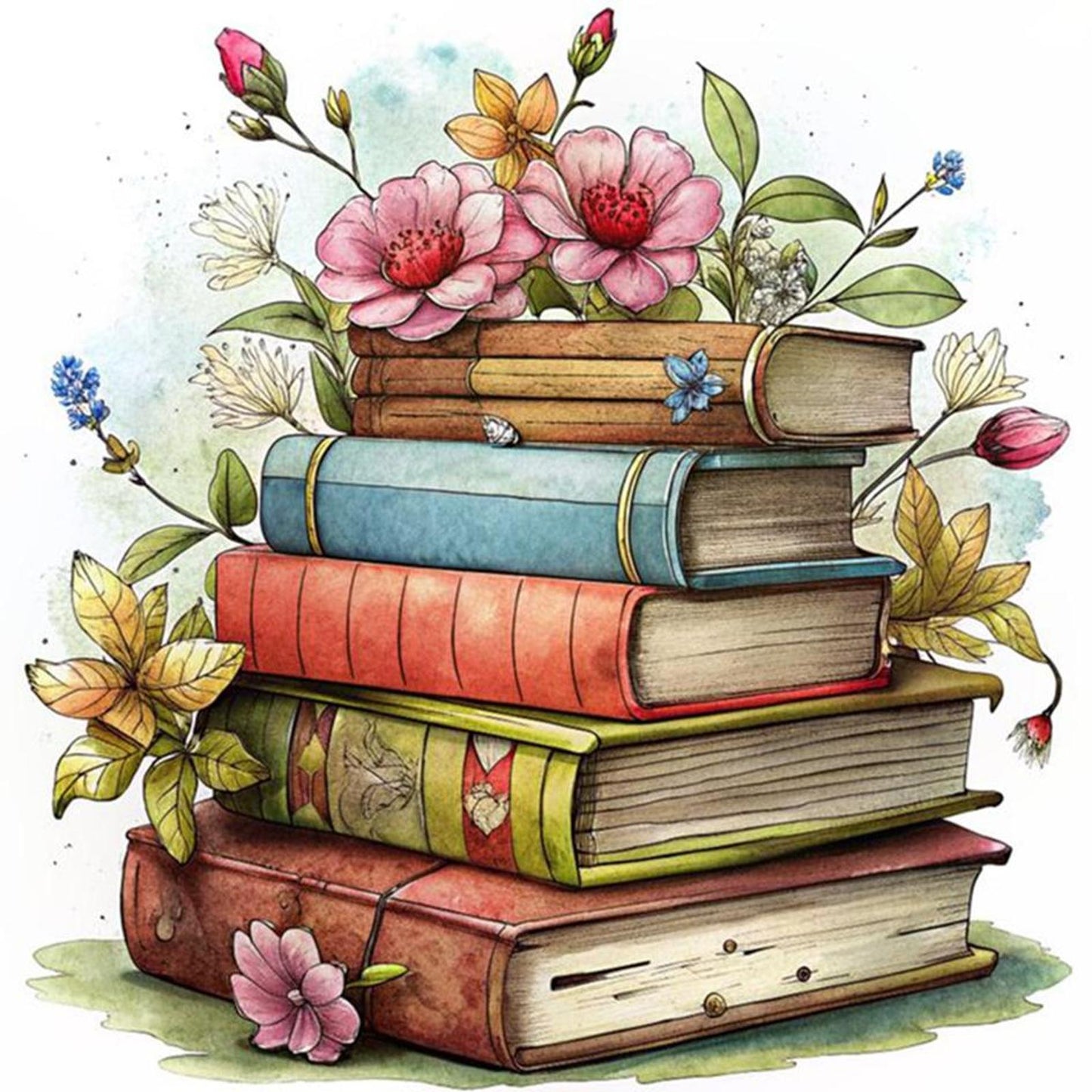 Stack Of Flower Books - Full 11CT Stamped Cross Stitch 40x40CM - Huacan