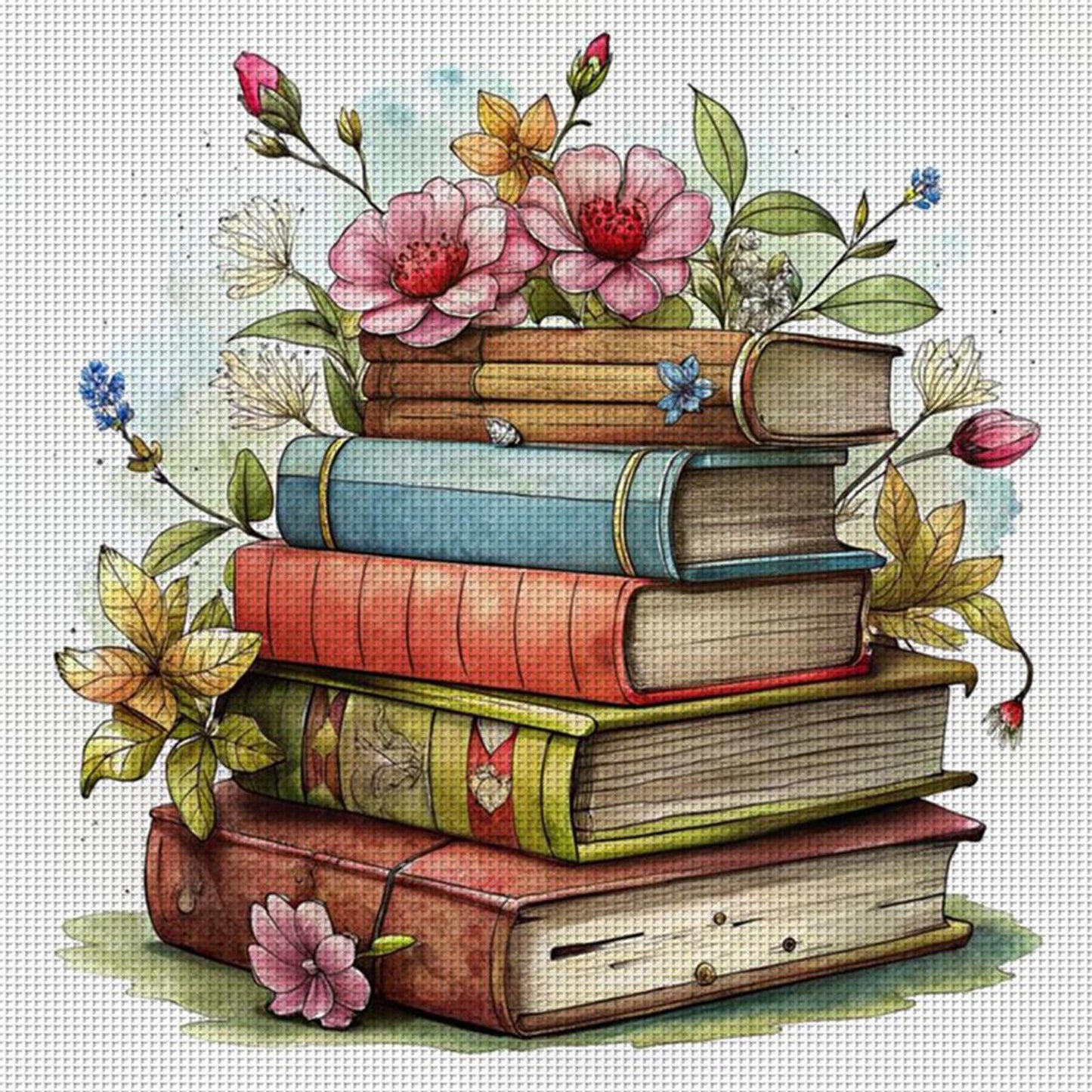 Stack Of Flower Books - Full 11CT Stamped Cross Stitch 40x40CM - Huacan