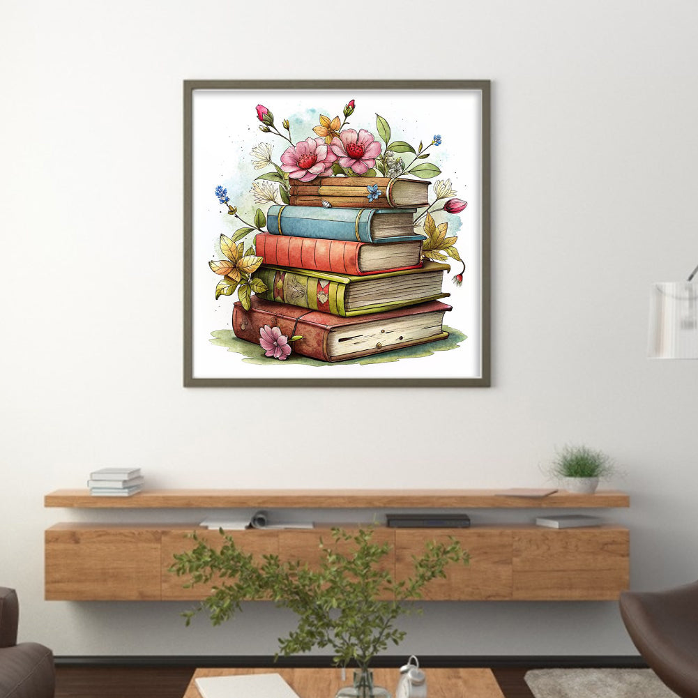 Stack Of Flower Books - Full 11CT Stamped Cross Stitch 40x40CM - Huacan