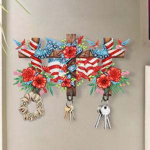 Wooden Independence Day Flag & Rose Rhinestone Painting Hook for Home Decor