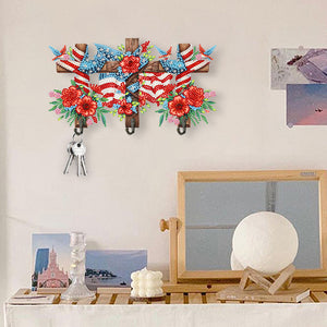 Wooden Independence Day Flag & Rose Rhinestone Painting Hook for Home Decor