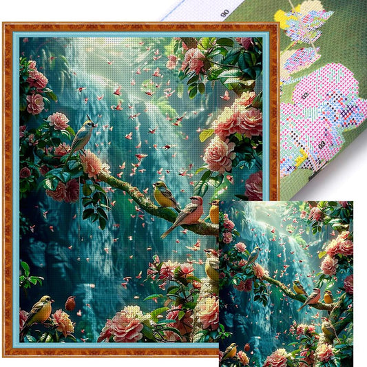 Flowers And Birds Waterfall - Full 11CT Stamped Cross Stitch 45x55CM - Yishu