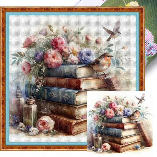 Stack Of Flower Books - Full 11CT Stamped Cross Stitch 40x40CM - Diy