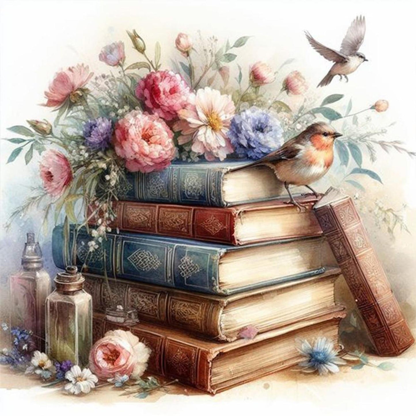 Stack Of Flower Books - Full 11CT Stamped Cross Stitch 40x40CM - Diy