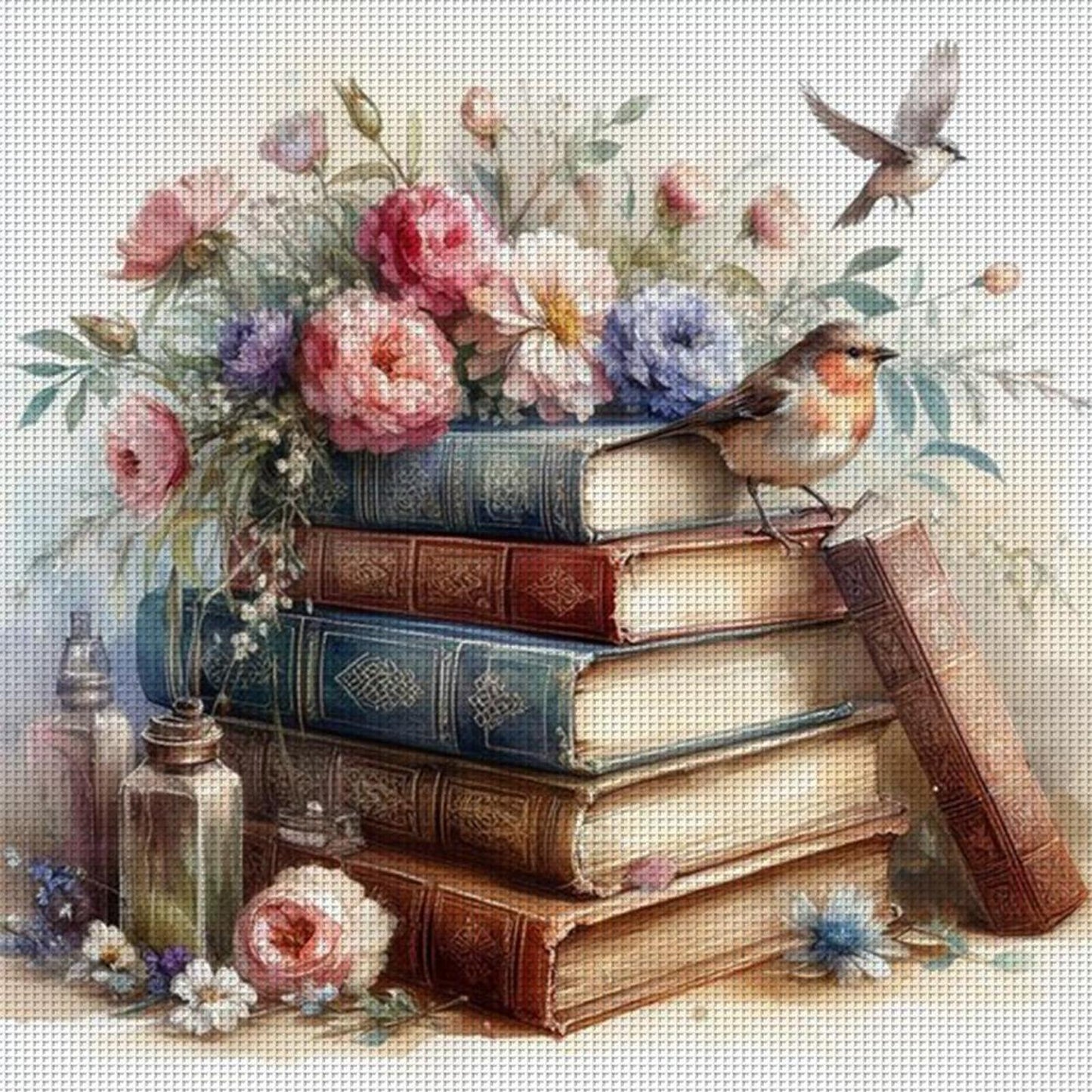 Stack Of Flower Books - Full 11CT Stamped Cross Stitch 40x40CM - Diy