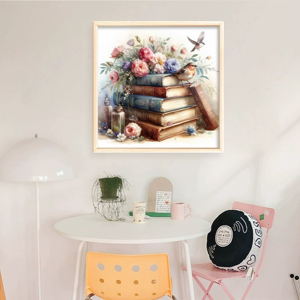 Stack Of Flower Books - Full 11CT Stamped Cross Stitch 40x40CM - Diy