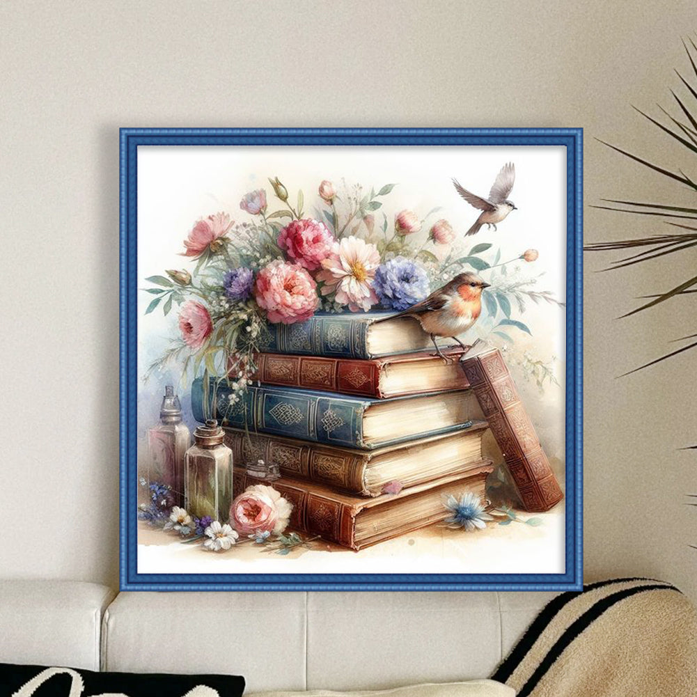 Stack Of Flower Books - Full 11CT Stamped Cross Stitch 40x40CM - Diy