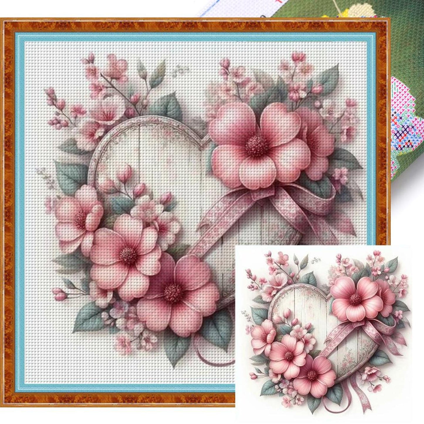 Flower And Love Heart - Full 11CT Stamped Cross Stitch 40x40CM - Diy