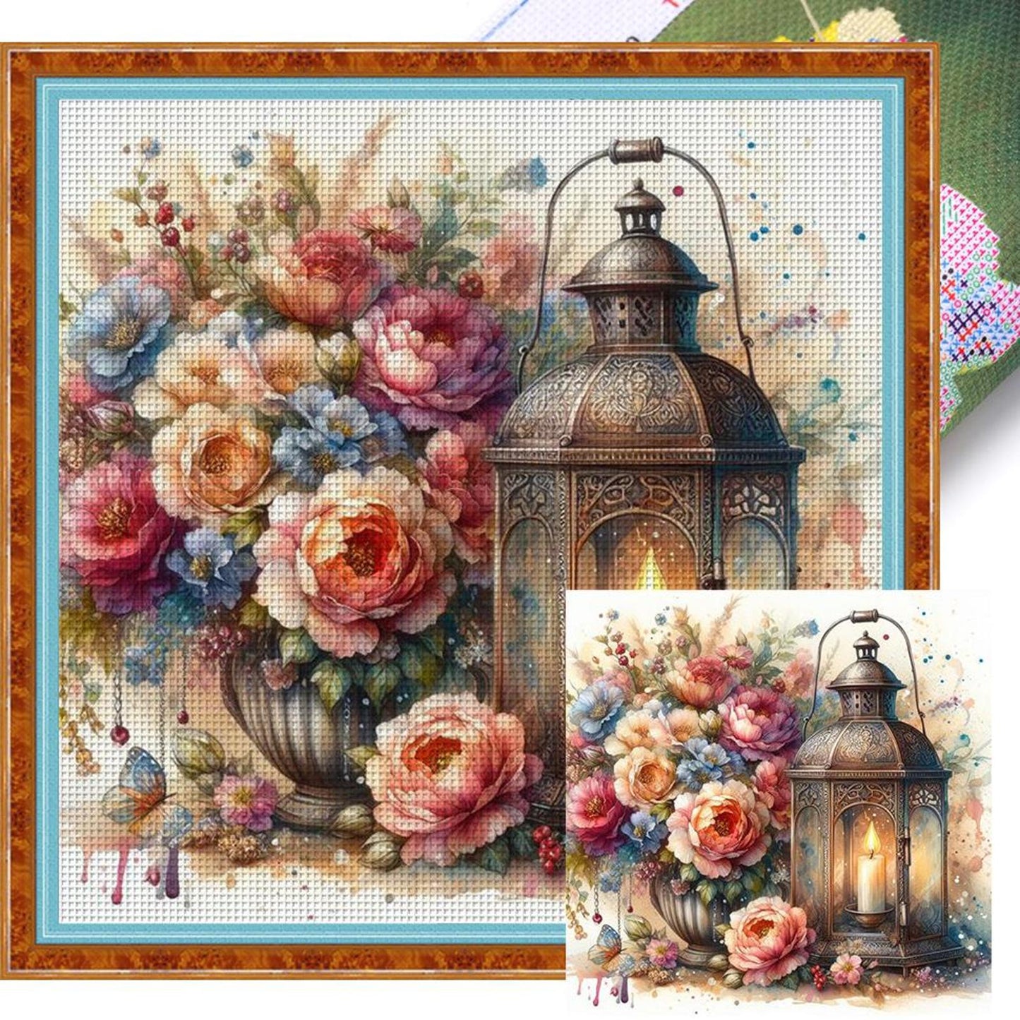 Flower And Candle Lamp - Full 11CT Stamped Cross Stitch 40x40CM - Diy