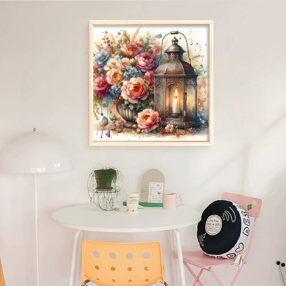 Flower And Candle Lamp - Full 11CT Stamped Cross Stitch 40x40CM - Diy