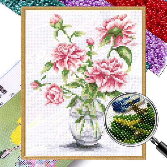 Peony in Vase - Partial  9CT Stamped Cross Stitch - Bead Embroidery 25x31CM/9.84x12.20in