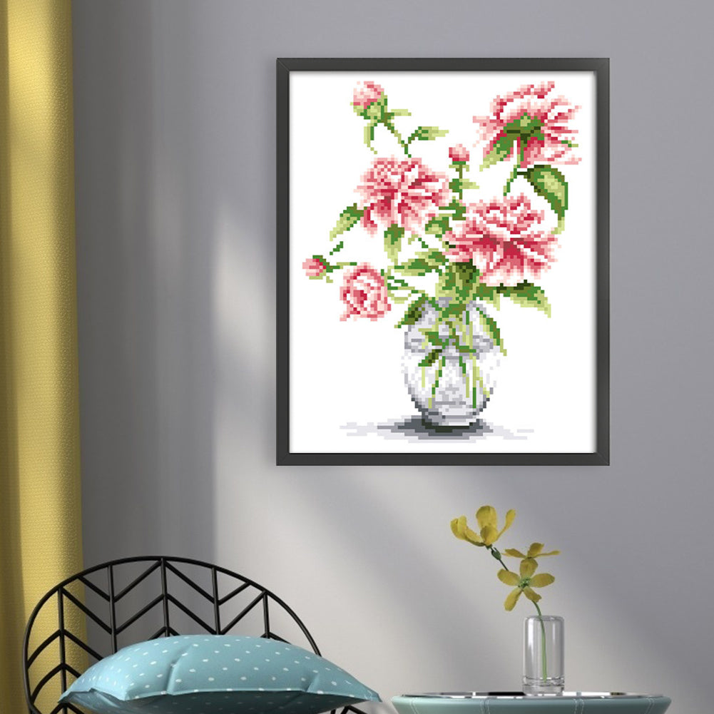 Peony in Vase - Partial  9CT Stamped Cross Stitch - Bead Embroidery 25x31CM/9.84x12.20in
