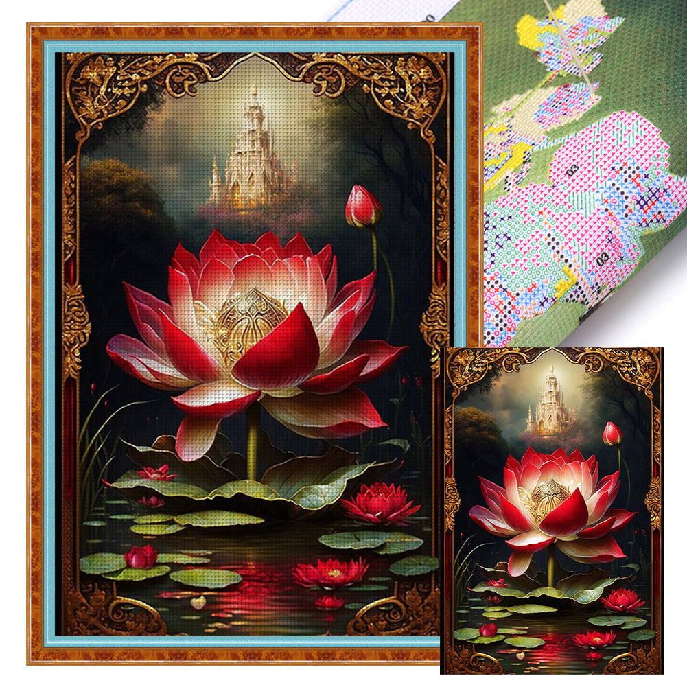 Huancan - Red Lotus - 40*60CM 11CT 3 Stamped Cross Stitch
