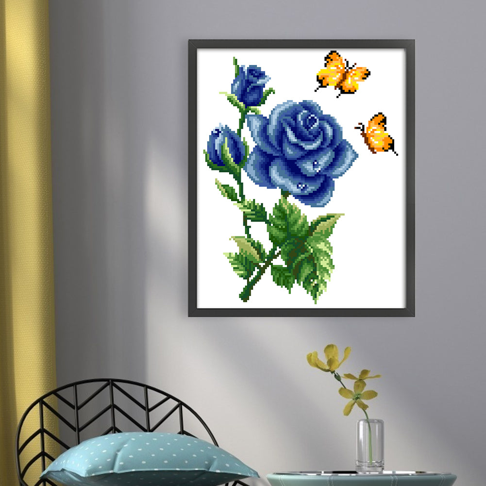 Butterfly Love - Blue - Partial  9CT Stamped Cross Stitch - Bead Embroidery 30x35CM/11.81x13.78in