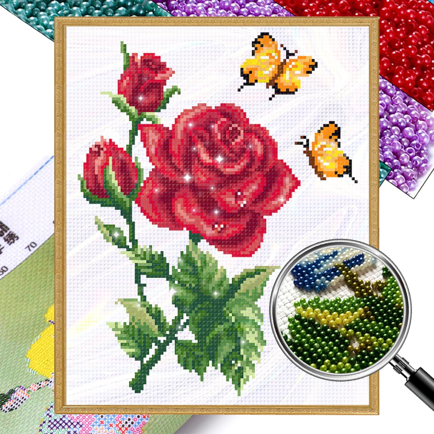 Butterfly Love - Red - Partial  9CT Stamped Cross Stitch - Bead Embroidery 30x35CM/11.81x13.78in