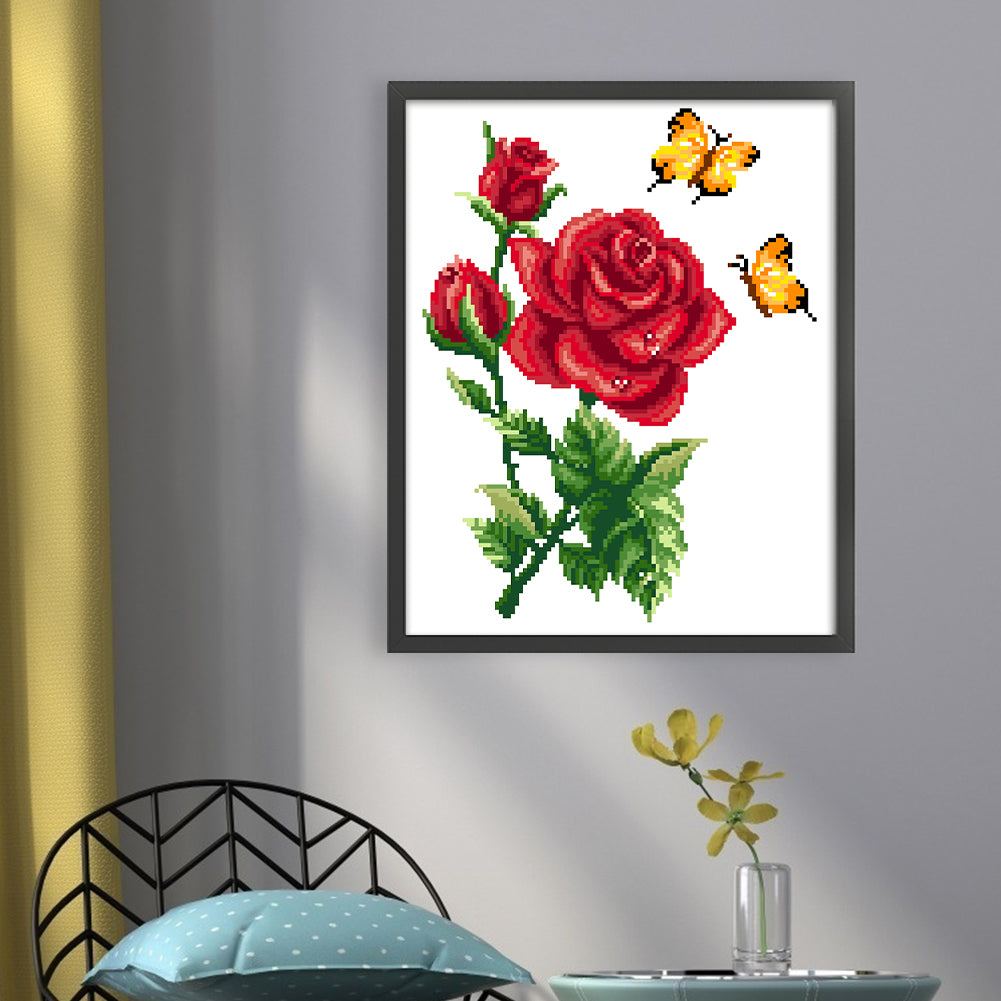 Butterfly Love - Red - Partial  9CT Stamped Cross Stitch - Bead Embroidery 30x35CM/11.81x13.78in