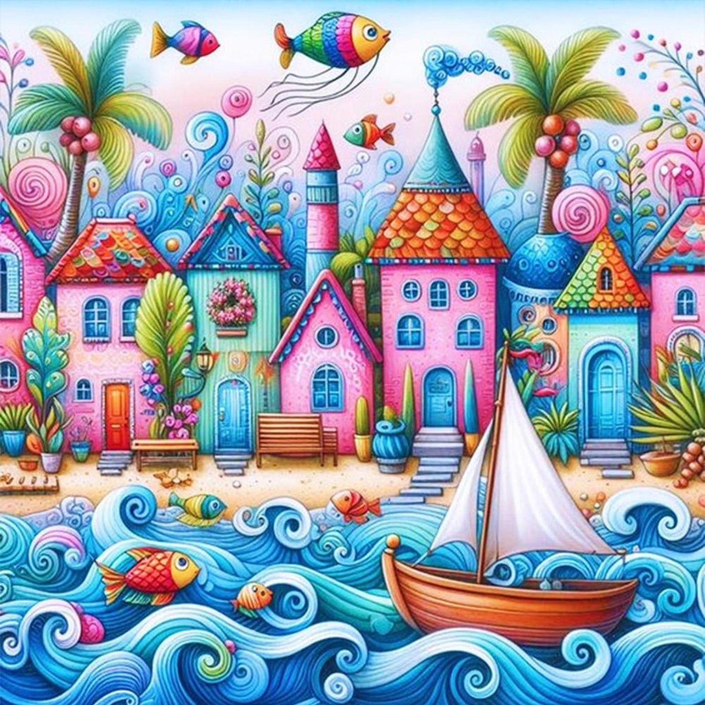 Colorful Cabin - Full 14CT Stamped Cross Stitch 40x40CM - Huacan