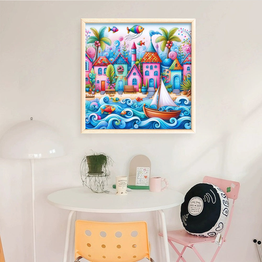 Colorful Cabin - Full 14CT Stamped Cross Stitch 40x40CM - Huacan