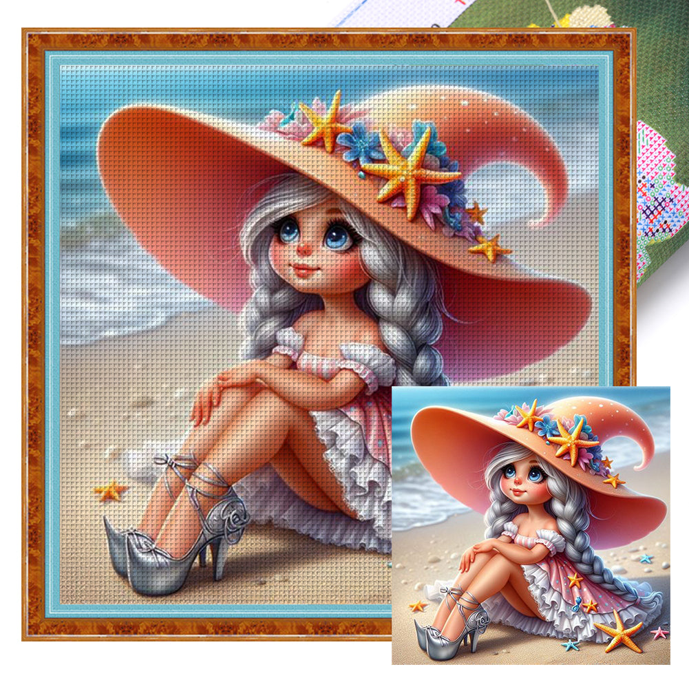 Huancan - Starfish Princess By The Sea - 45*45CM 11CT 3 Stamped Cross Stitch