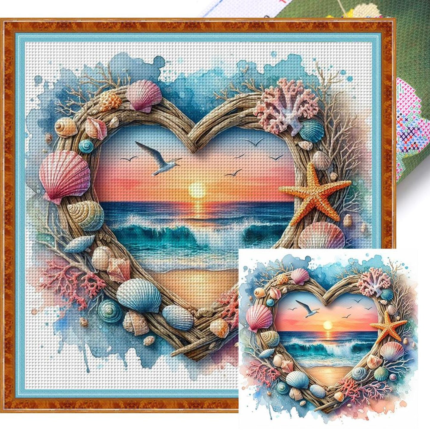 Sunset By Sea With Love Heart - Full 11CT Stamped Cross Stitch 40x40CM - Yishu