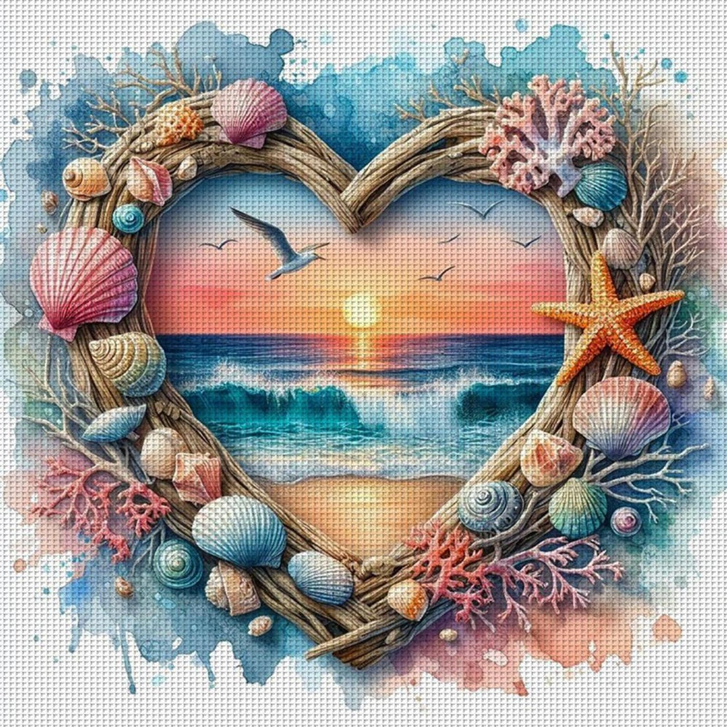 Sunset By Sea With Love Heart - Full 11CT Stamped Cross Stitch 40x40CM - Yishu