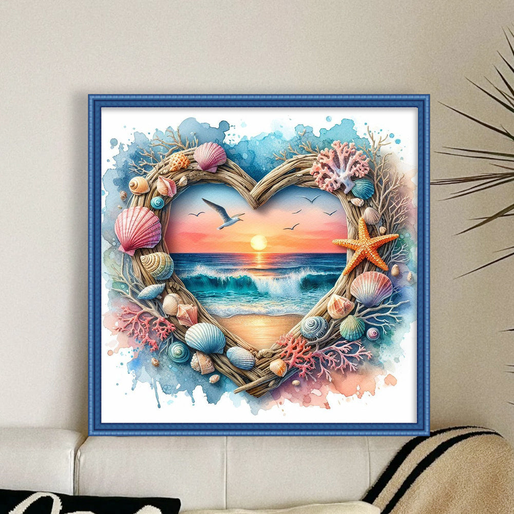Sunset By Sea With Love Heart - Full 11CT Stamped Cross Stitch 40x40CM - Yishu