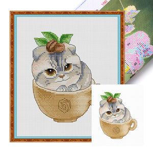 Spring Brand - Cat In A Coffee Cup - 21*23CM 14CT 2 Stamped Cross Stitch Egyptian cotton