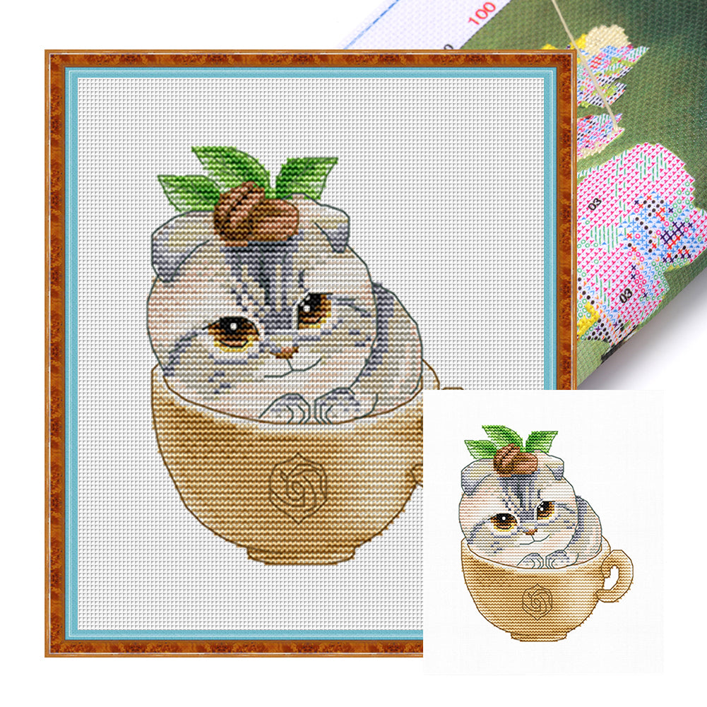 Spring Brand - Cat In A Coffee Cup - 21*23CM 14CT 2 Stamped Cross Stitch Egyptian cotton