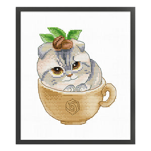 Spring Brand - Cat In A Coffee Cup - 21*23CM 14CT 2 Stamped Cross Stitch Egyptian cotton