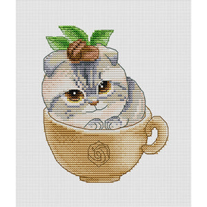 Spring Brand - Cat In A Coffee Cup - 21*23CM 14CT 2 Stamped Cross Stitch Egyptian cotton