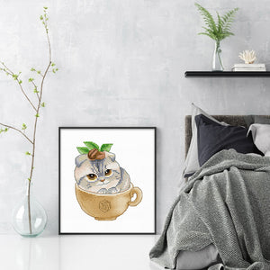 Spring Brand - Cat In A Coffee Cup - 21*23CM 14CT 2 Stamped Cross Stitch Egyptian cotton