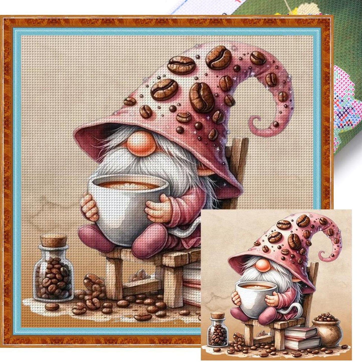 Coffee Gnome - Full 11CT Stamped Cross Stitch 40x40CM - Diy