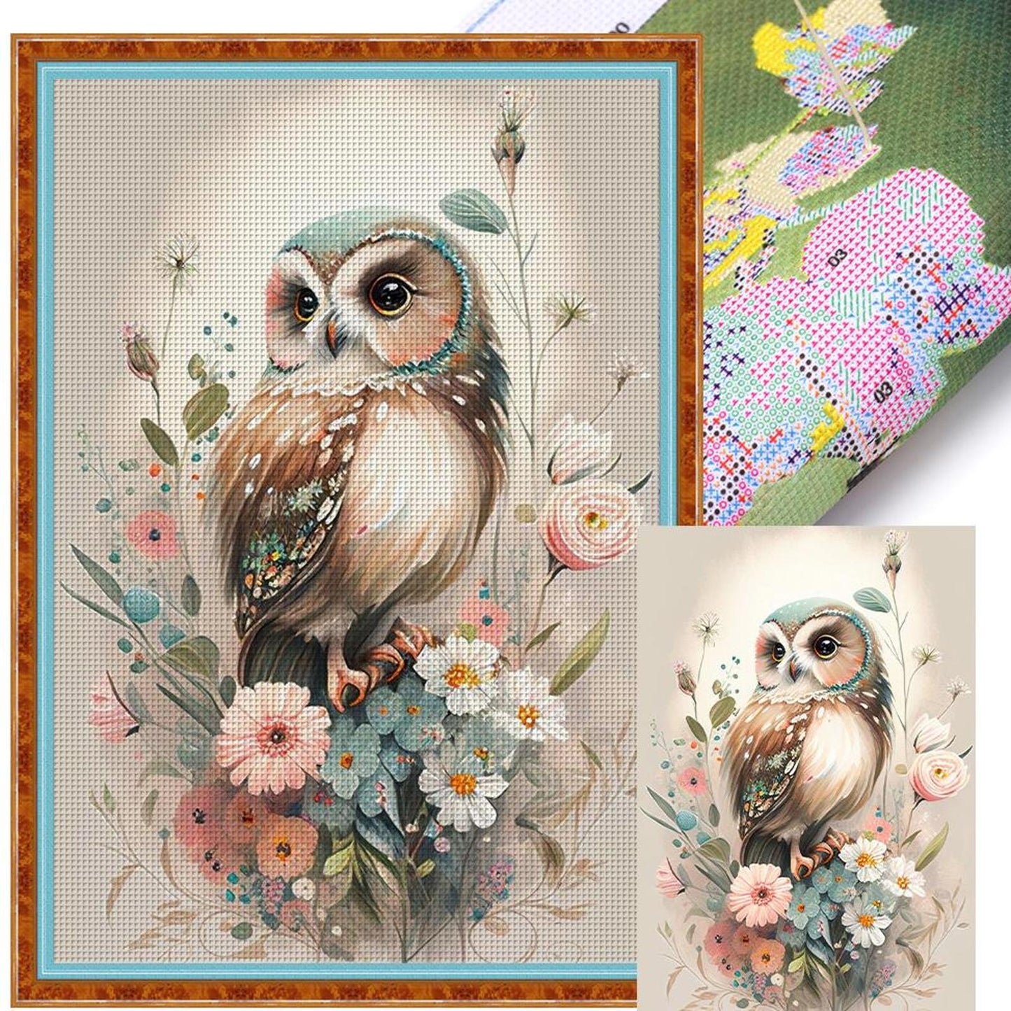 Owl With Flowers - Full 11CT Stamped Cross Stitch 40x60CM - Jinlei
