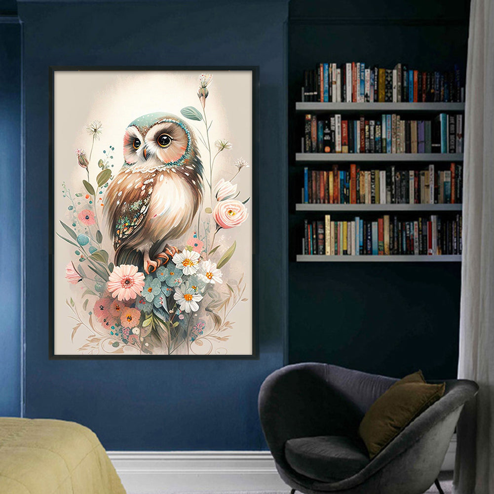 Owl With Flowers - Full 11CT Stamped Cross Stitch 40x60CM - Jinlei