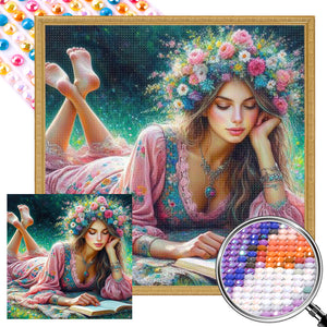 Reading Girl 40*40CM(Picture) Full Round Drill Diamond Painting