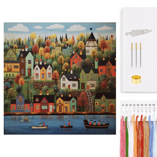 Colorful House On Bank - Full 14CT Counted Cross Stitch 50x50CM - Huacan