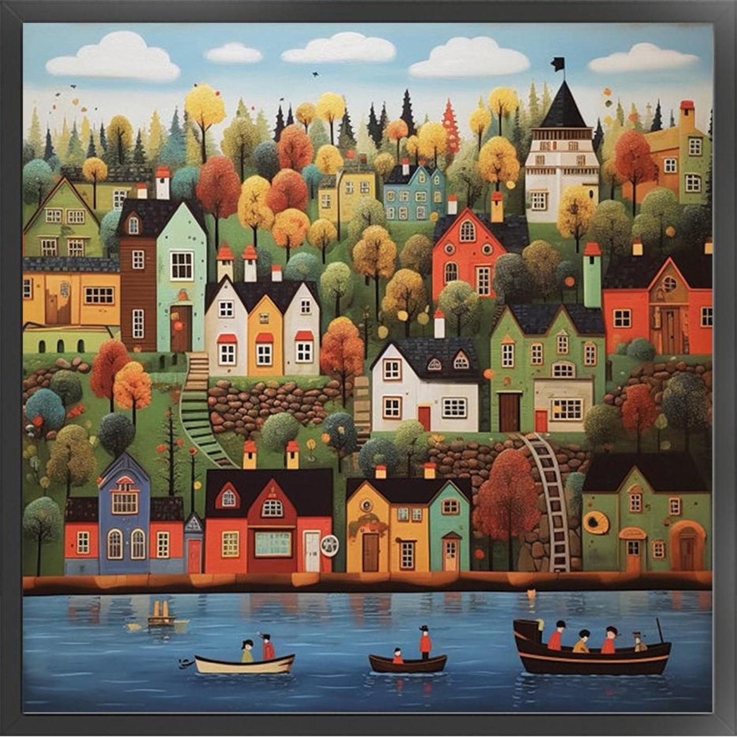 Colorful House On Bank - Full 14CT Counted Cross Stitch 50x50CM - Huacan