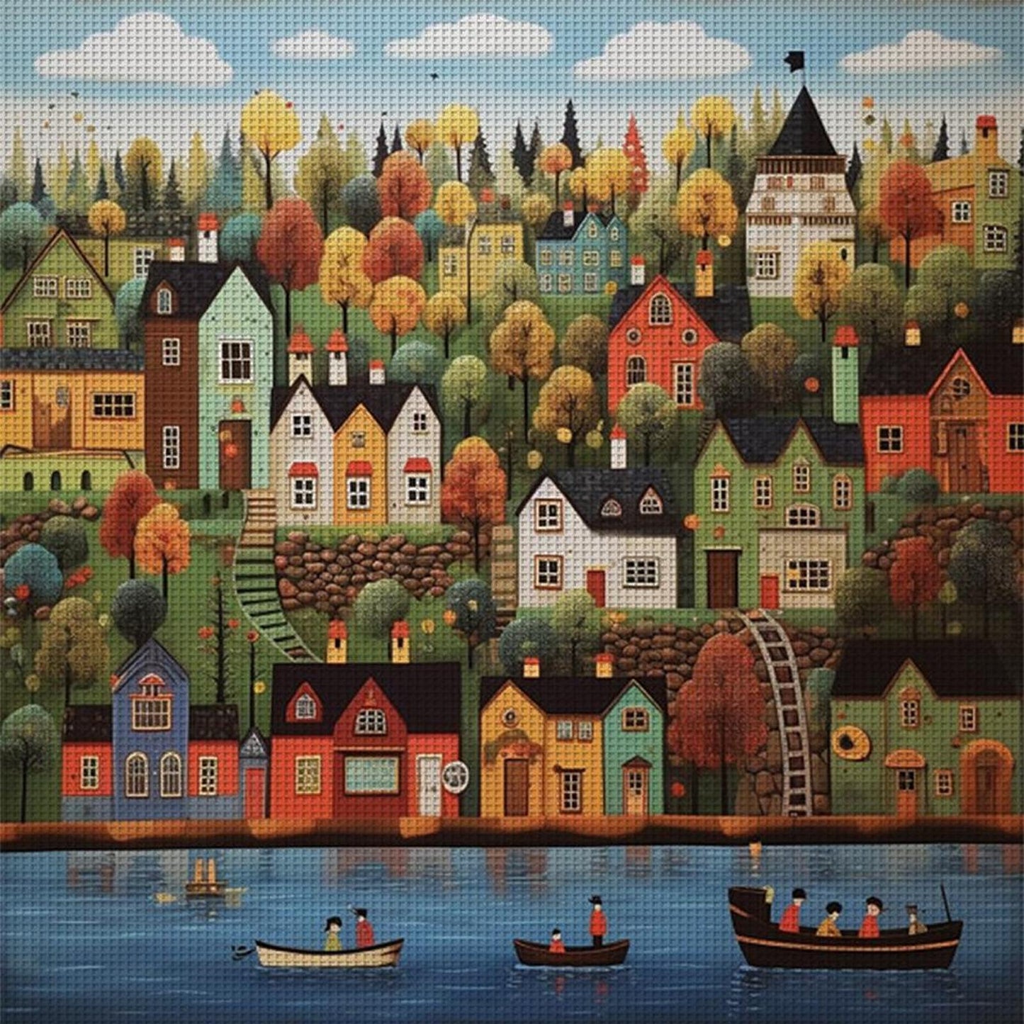 Colorful House On Bank - Full 14CT Counted Cross Stitch 50x50CM - Huacan
